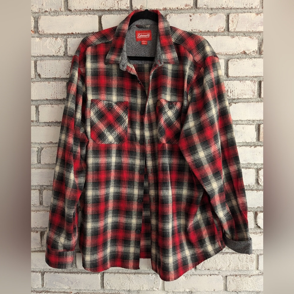 Coleman Flannel Shirt Mens XXL Red Plaid Long Sleeves SOFT 100% Cotton Button Up